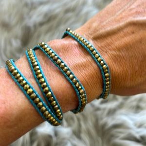 Teal Blue Wrap Bracelet with Brass Beads